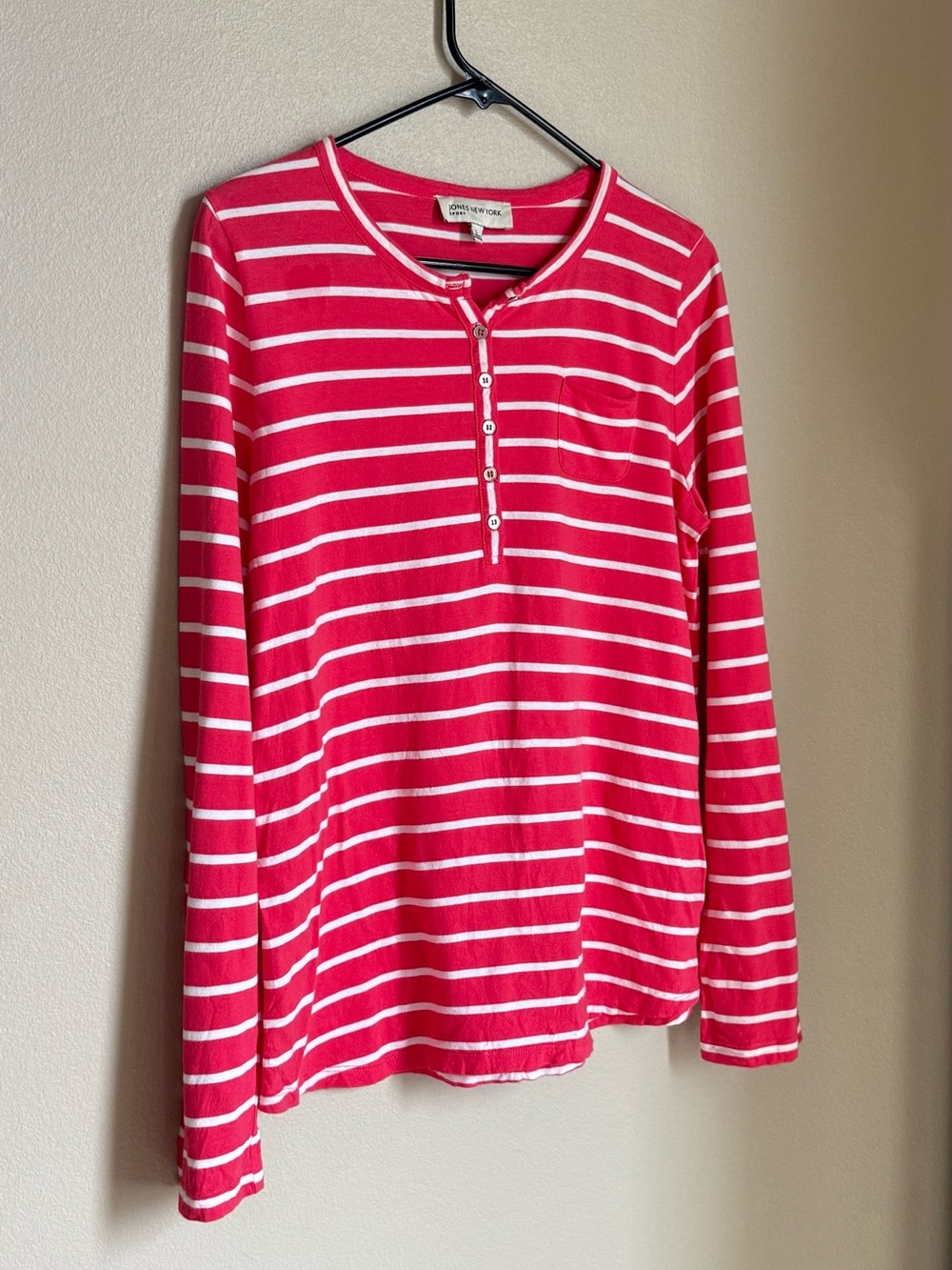 Jones New York Sport Pink White Striped Henley Long Sleeve Top Size Large